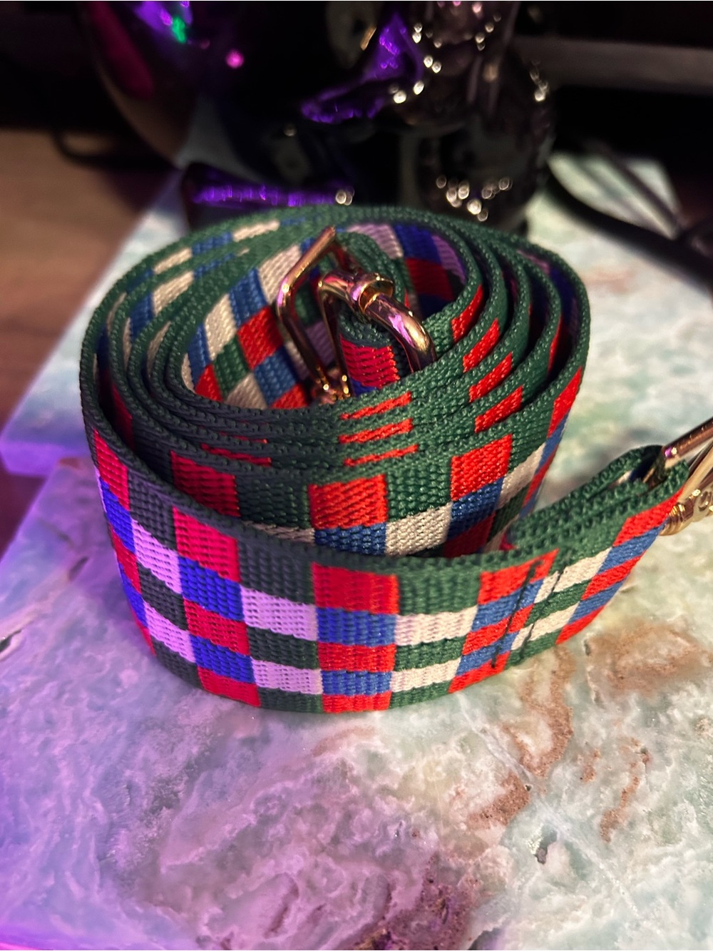 Source Unknown Green Multi-Color Woven Checkered Strap with Gold Hardware